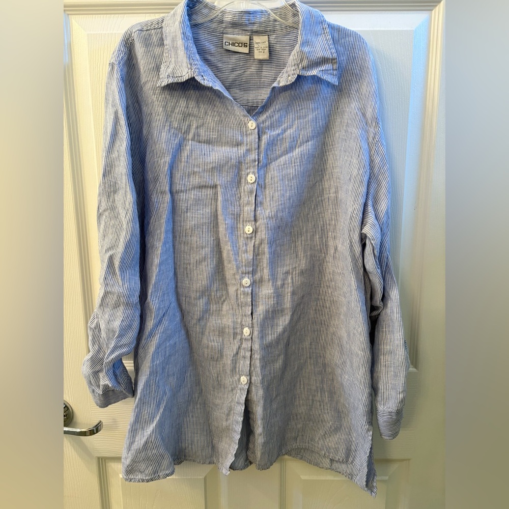 Chicos 100% Linen Long Sleeve Button Down Pin Strip Women’s Blouse Size 2 Large